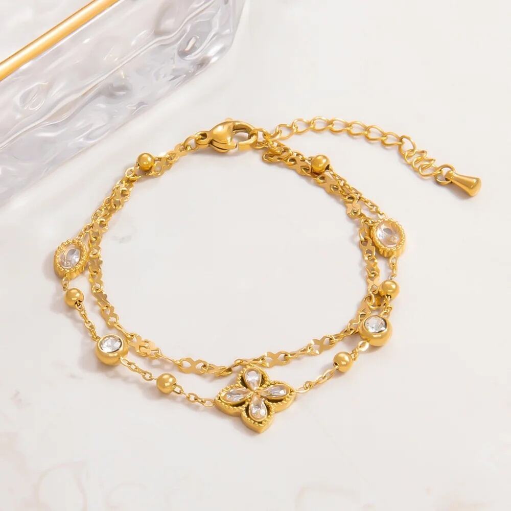 18K Gold Plated Clover Double Layered Charm Bracelet